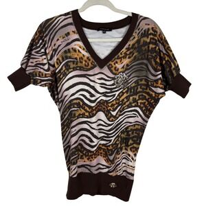 Y2K Roberto Cavalli Womens Animal Print V Neck Rhinestone‎ Embellished Top S